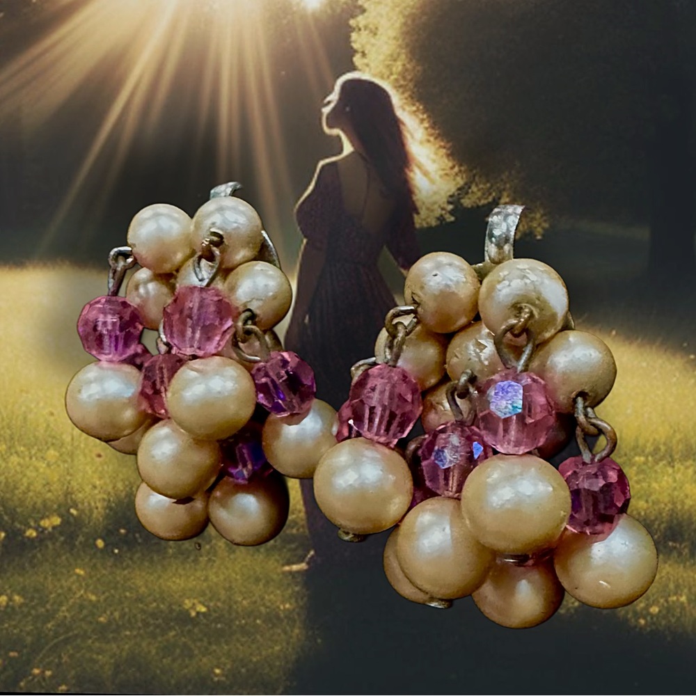 Faux Pearl and Pink Cluster Earrings